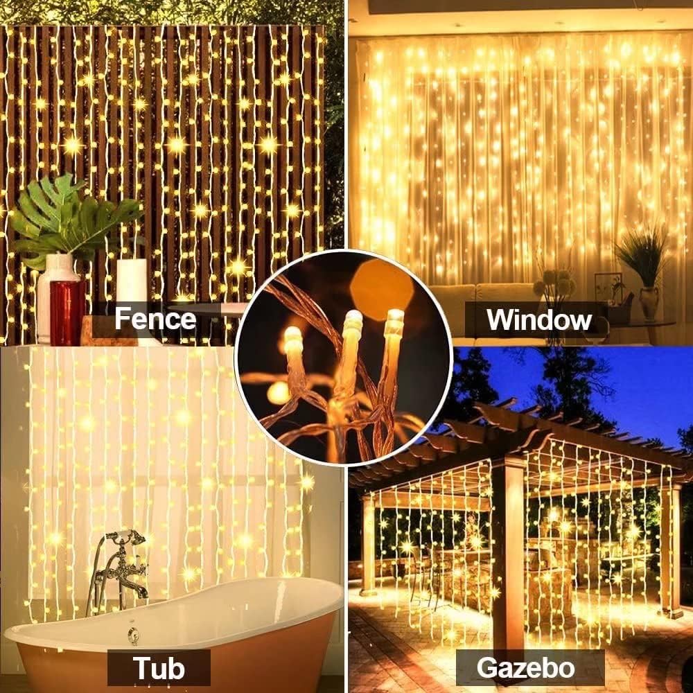 Upgraded Solar Curtain Lights Remote Control, Outdoor Garden Lights 300 LED 8 Modes Waterproof Solar Waterfall Fairy String Lights Decoration for Christmas Patio Garden Party Wedding (Warm White)