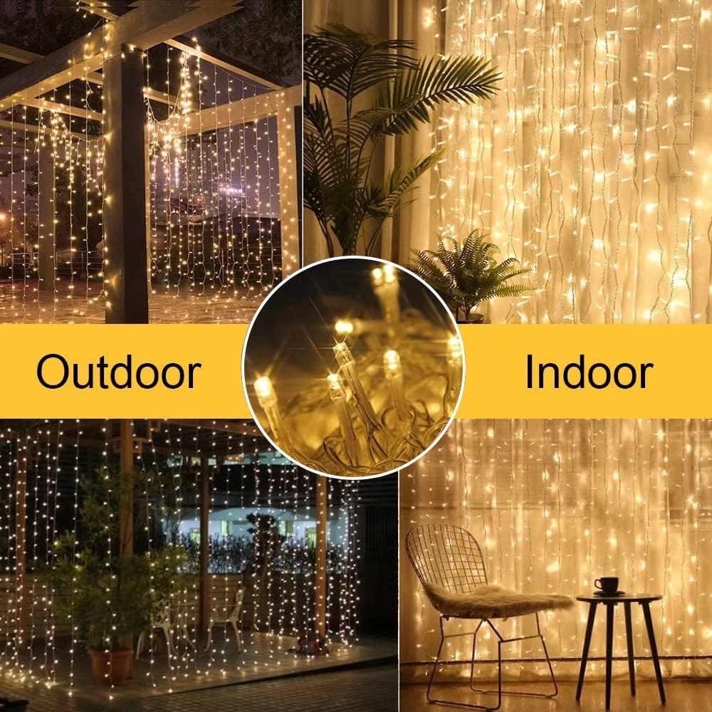 Upgraded Solar Curtain Lights Remote Control, Outdoor Garden Lights 300 LED 8 Modes Waterproof Solar Waterfall Fairy String Lights Decoration for Christmas Patio Garden Party Wedding (Warm White)